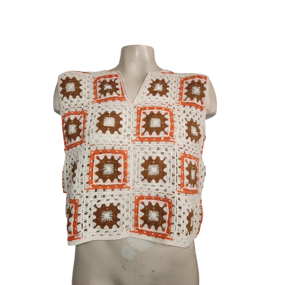 LIV LOS ANGELES NEW S Crochet Granny Square Sweater Vest Orange Brown‎ SB2022